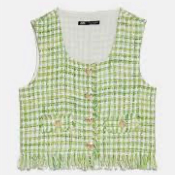 ZARA Green /White Cotton Tweed Vest Crop Top with Gold Tone Buttons Size US M - Picture 2 of 5